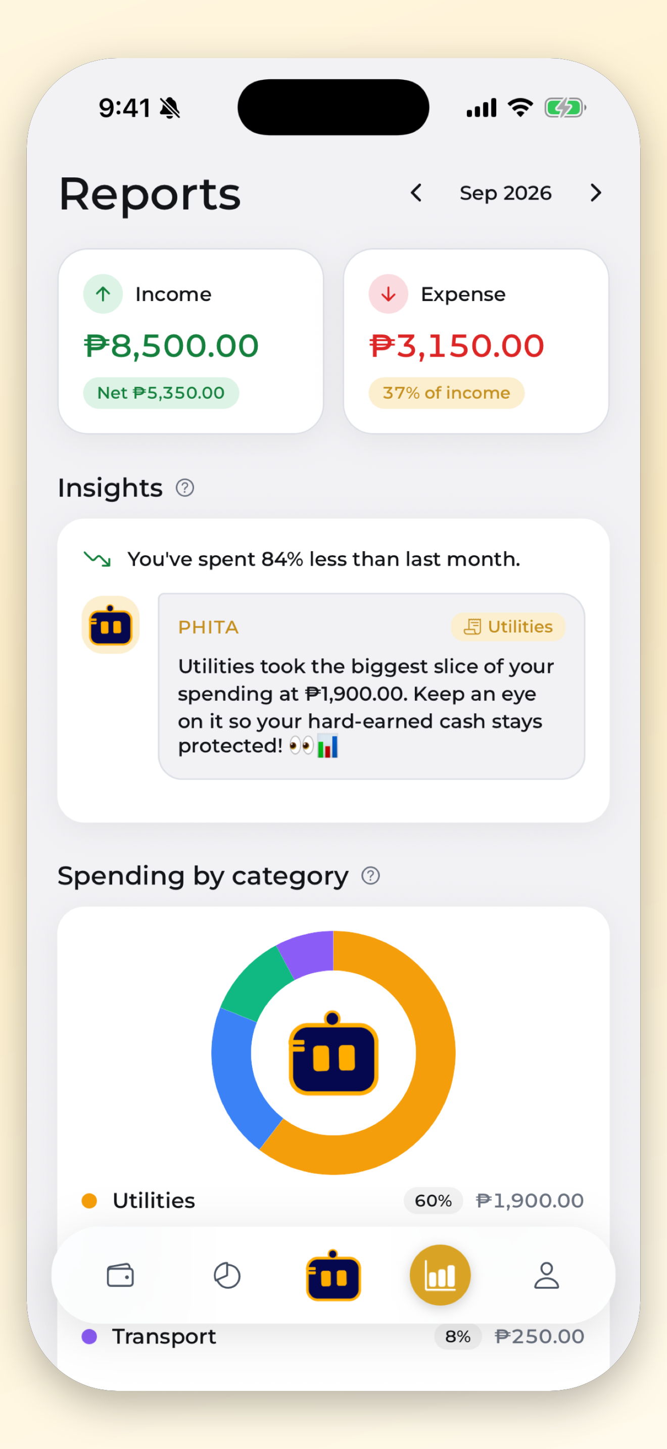 Monthly reports, category breakdowns, and spending insights